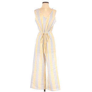 New Anthropologie DREW Small Stripe Cropped Wide Leg Cotton Jumpsuit Blue Yellow
